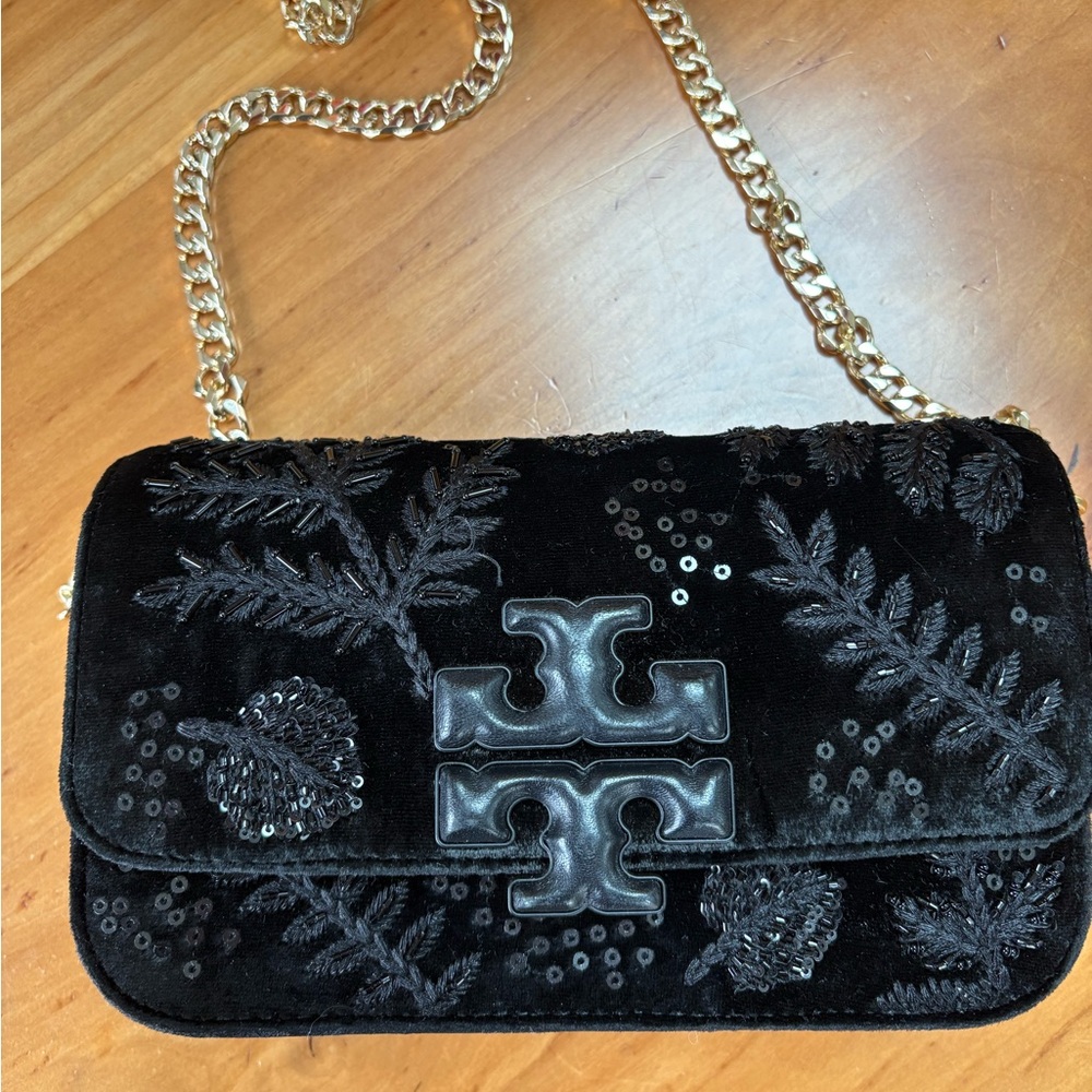 EucTory Burch Black Embroidered Velvet Crossbody Bag purse sparkle